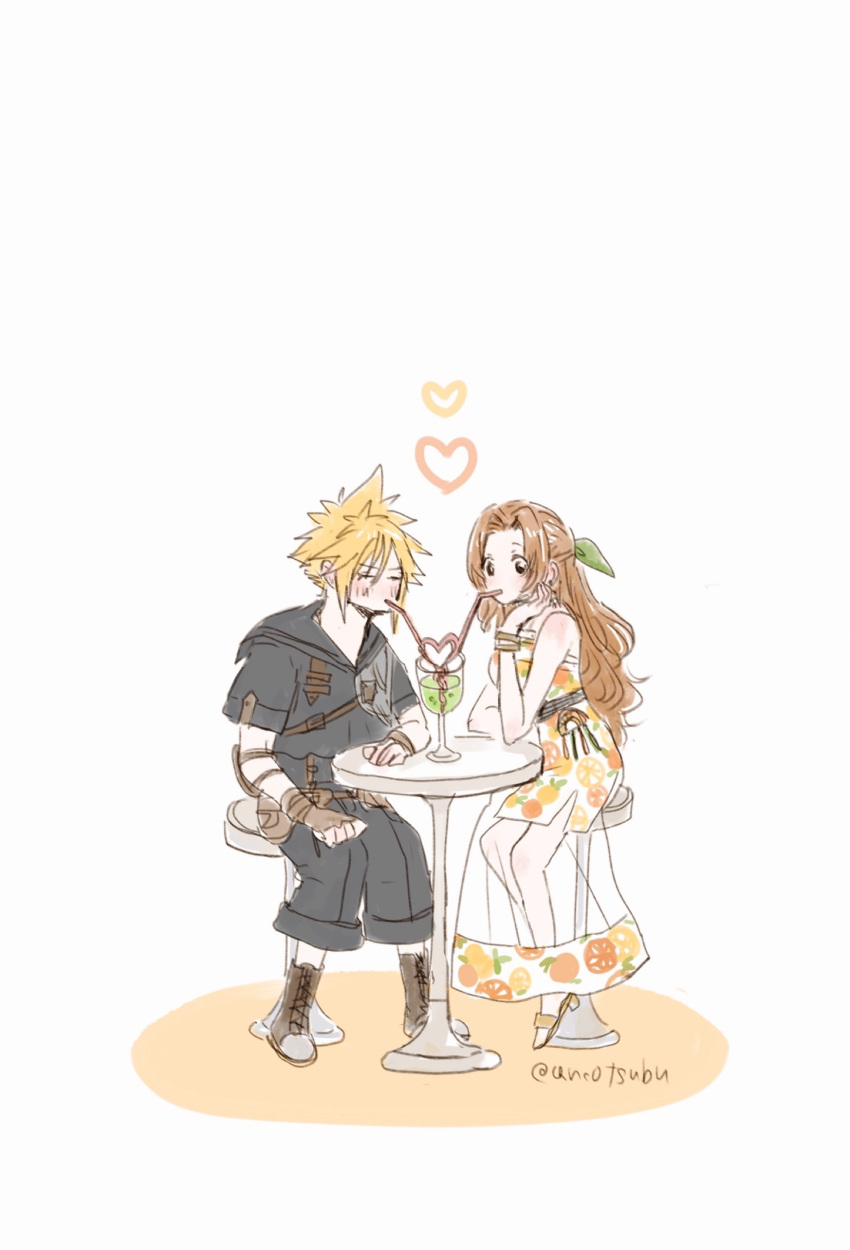 1boy, 1girl, absurdres, aerith_gainsborough, aerith_gainsborough_(citric_dress), ancotsubu, armor, bare_shoulders, black_sailor_collar, black_shirt, black_shorts, blonde_hair, blush, boots, bracelet, breasts, brown_footwear, brown_gloves, brown_hair, chair, closed_eyes, cloud_strife, cloud_strife_(maritime_sailor), couple, dress, drinking_straw, final_fantasy, final_fantasy_vii, final_fantasy_vii_ever_crisis, fingerless_gloves, fruit_print, full_body, gloves, green_ribbon, hair_between_eyes, hair_ribbon, half_updo, hetero, highres, jewelry, long_dress, long_hair, medium_breasts, official_alternate_costume, orange-shaped_ornament, orange_print, parted_bangs, print_dress, ribbon, sailor_collar, see-through, see-through_skirt, shared_drink, shirt, short_hair, short_sleeves, shorts, shoulder_armor, side_slit, sitting, skirt, spiky_hair, strapless, strapless_dress, table, toeless_footwear, twitter_username, white_background