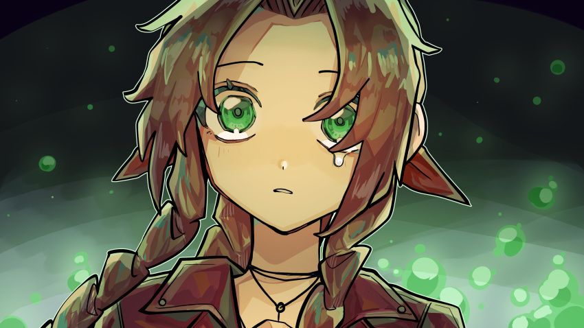 1girl, absurdres, aerith_gainsborough, braid, braided_ponytail, brown_hair, choker, crying