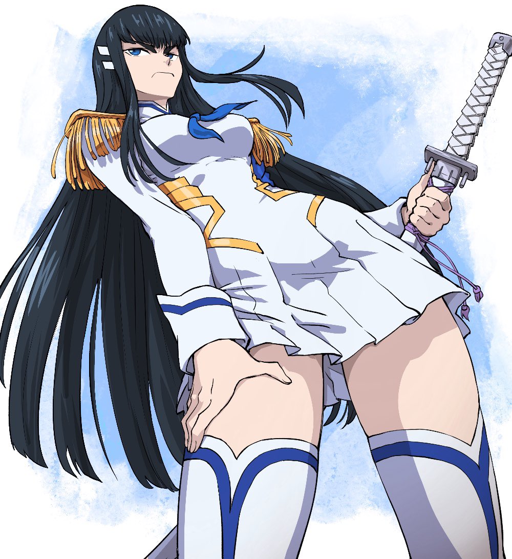 1girl, blue_sailor_collar, cowboy_shot, epaulettes, from_below, hair_ornament, hairclip, holding, holding_sword, holding_weapon, junketsu, kamui_(kill_la_kill), katana, kill_la_kill, kiryuuin_satsuki, long_hair, long_sidelocks, looking_to_the_side, ozkh, pleated_skirt, sailor_collar, school_uniform, sidelocks, skirt, solo, sword, thigh-highs, uniform, weapon