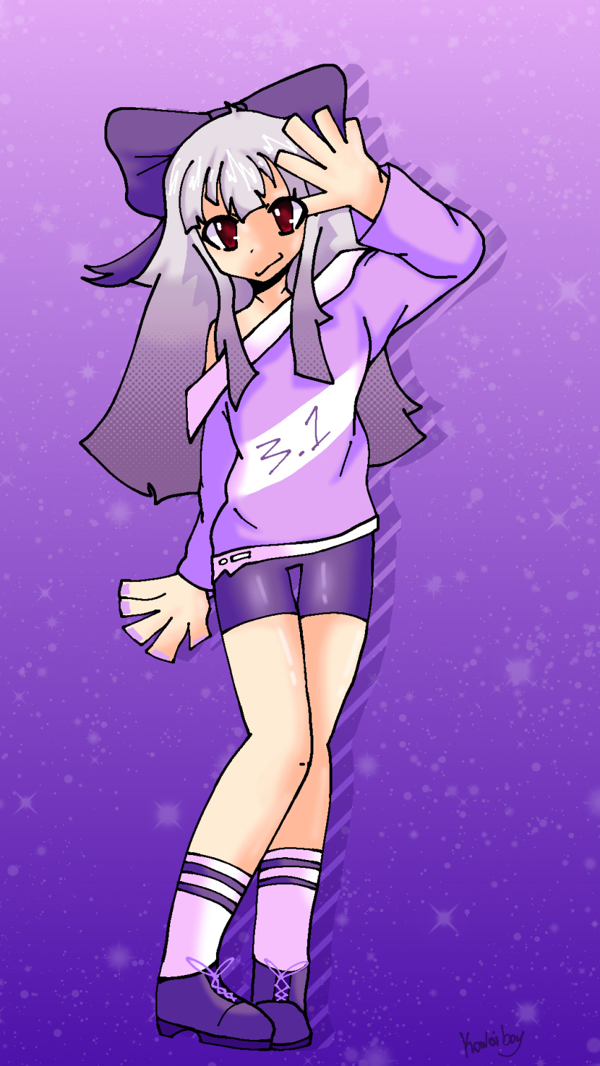 1girl, 3.1-tan, bow, choppy_bangs, hair_bow, highres, kowaiboy, nail_polish, non-web_source, off_shoulder, os-tan, purple_footwear, purple_hair, purple_shorts, purple_sweater, red_eyes, self-upload, shorts, socks, solo, striped_clothes, striped_socks, sweater, waving