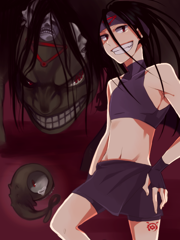 bad_id, black_hair, envy_(fma), extra_arms, eyeball, fullmetal_alchemist, grin, homunculus, long_hair, monster, multiple_arms, multiple_persona, red_eyes, smile, spoilers, teeth, yomimatigai