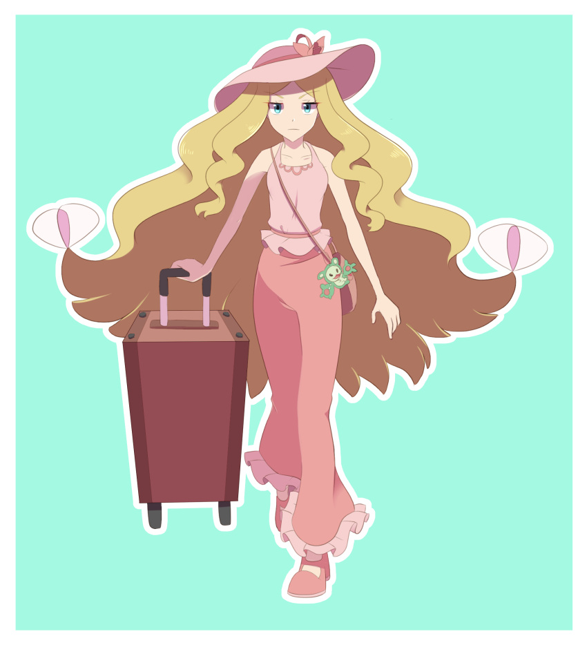 1girl, alternate_costume, bare_arms, blonde_hair, blue_background, blue_eyes, caitlin_(pokemon), character_charm, charm_(object), collarbone, full_body, hat, highres, long_hair, naelle_(pkmn_realidea), outline, pink_footwear, pink_hat, pokemon, pokemon_bw, reuniclus, rolling_suitcase, shirt, sleeveless, sleeveless_shirt, suitcase, very_long_hair, white_outline