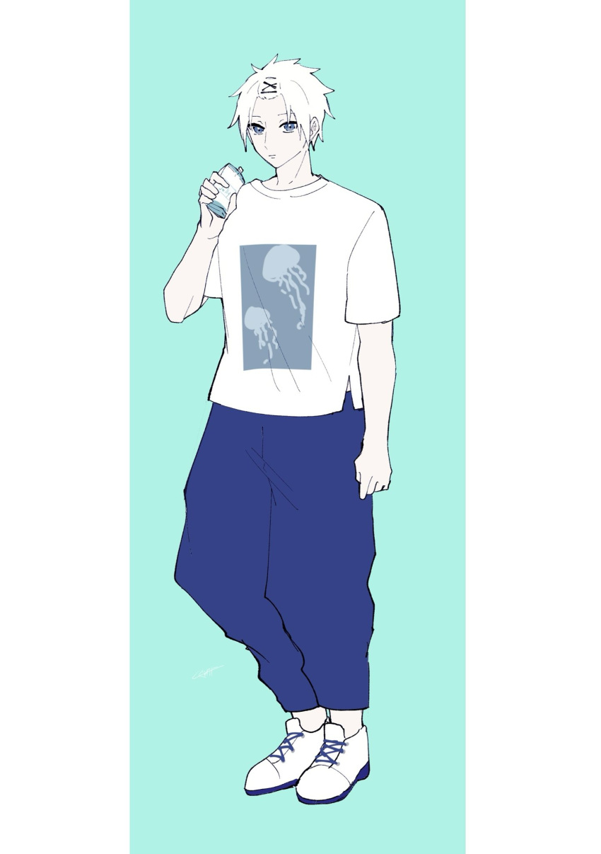 1boy, animal_print, aqua_background, arm_at_side, baggy_pants, blue_eyes, blue_pants, closed_mouth, colored_shoe_soles, flat_color, forehead, full_body, hair_tie, hand_up, highres, holding, holding_juice_box, jellyfish, juice_box, kagurabachi, legs_together, looking_at_viewer, male_focus, pale_skin, pants, print_shirt, sazanami_tenri, shigurenin490, shirt, shoelaces, shoes, short_hair, short_sleeves, sidelocks, signature, simple_background, solo, standing, t-shirt, two-tone_background, white_background, white_footwear, white_hair, white_shirt