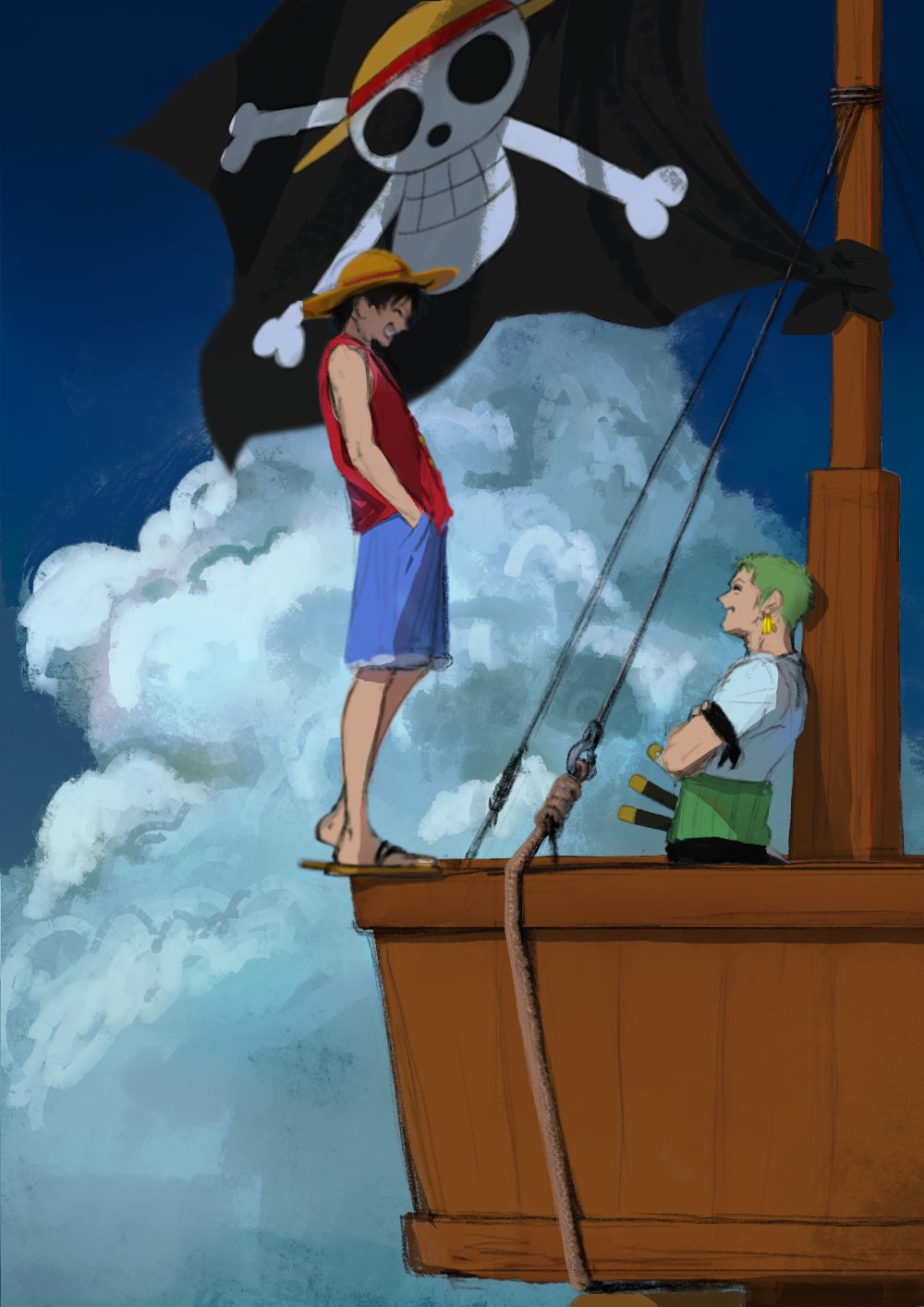 2boys, 7nawon, bandana_around_arm, bare_shoulders, black_hair, blue_shorts, blue_sky, clouds, cloudy_sky, crossed_arms, earrings, from_side, full_body, green_hair, green_sash, grin, hands_in_pockets, hat, highres, jewelry, jolly_roger, looking_at_another, male_focus, monkey_d._luffy, multiple_boys, one_piece, outdoors, profile, red_vest, roronoa_zoro, sandals, sash, shirt, short_hair, shorts, sky, smile, standing, straw_hat, straw_hats_jolly_roger, vest, white_shirt