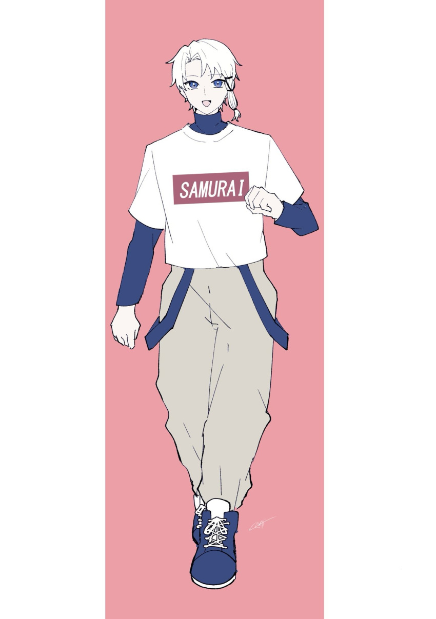 1boy, arm_at_side, asymmetrical_hair, blue_eyes, blue_footwear, blue_shirt, clenched_hands, clothes_writing
