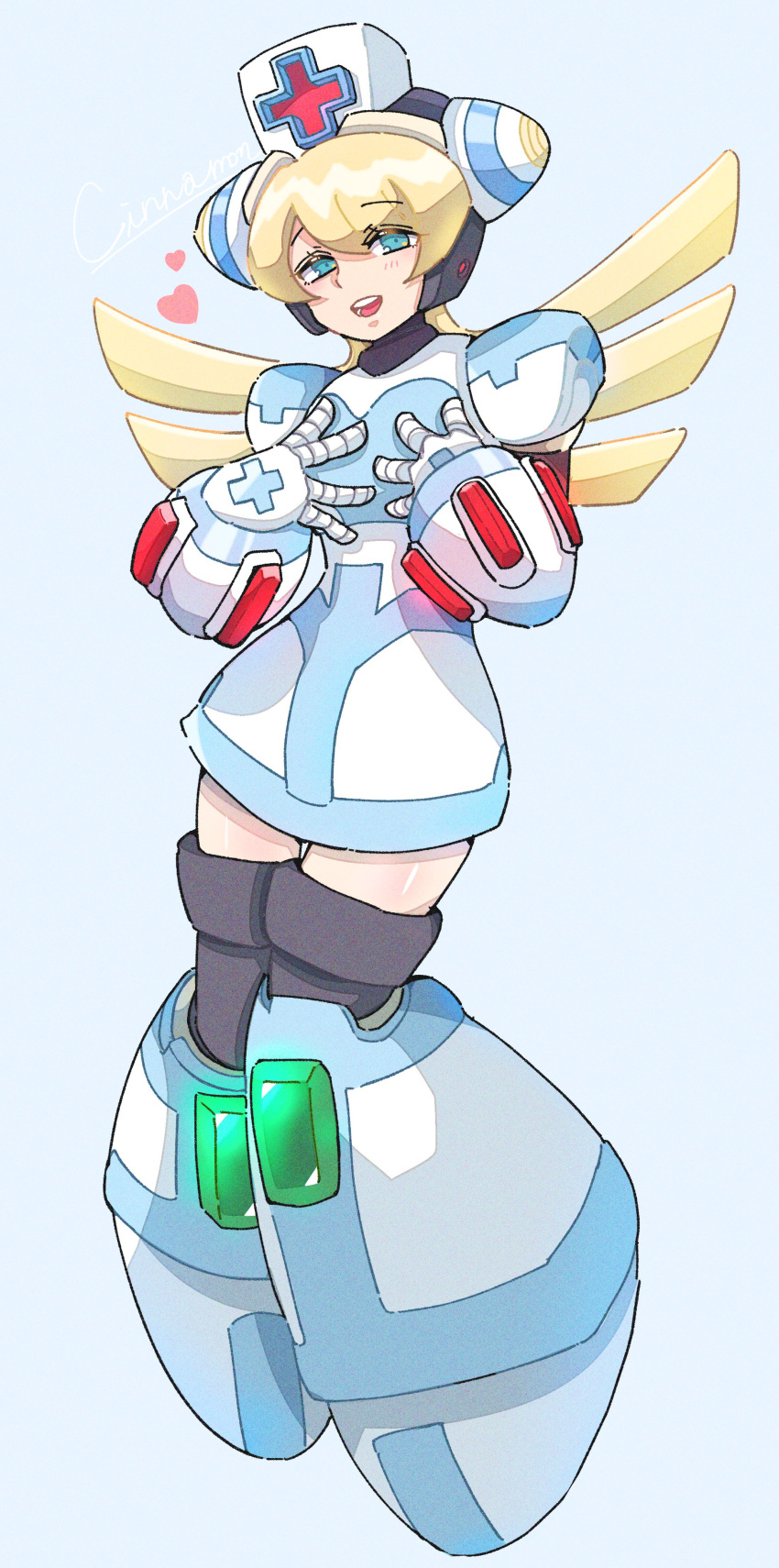 1girl, absurdres, blonde_hair, blue_eyes, character_name, cinnamon_(mega_man), full_body, grey_background, hat, heart, highres, long_hair, mega_man_(series), mega_man_x:_command_mission, mega_man_x_(series), meshiuma0x, nurse, nurse_cap, open_mouth, robot_girl, simple_background, solo, teeth, tongue