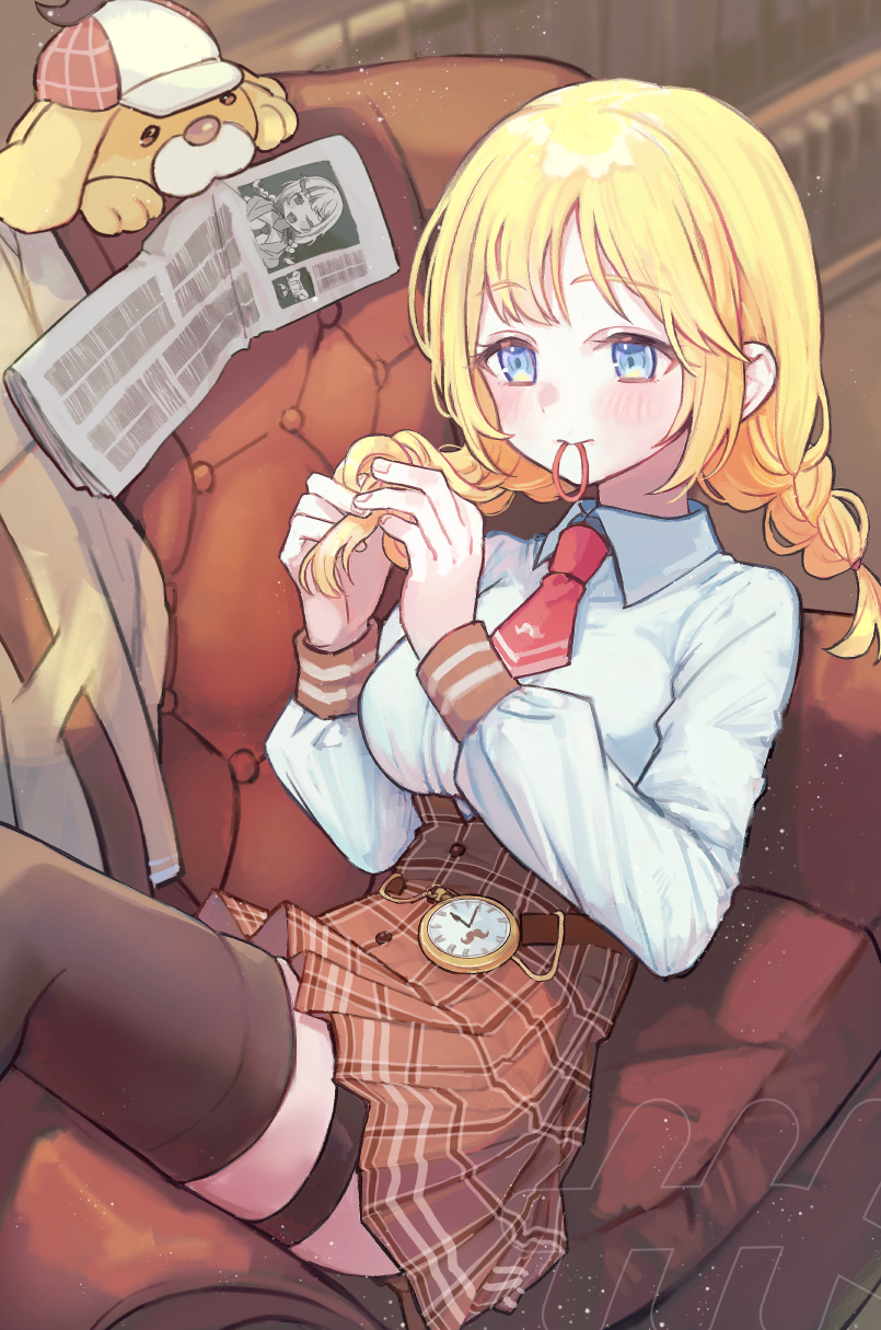 1girl, black_thighhighs, blonde_hair, blue_eyes, braid, braiding_hair, breasts, brown_skirt