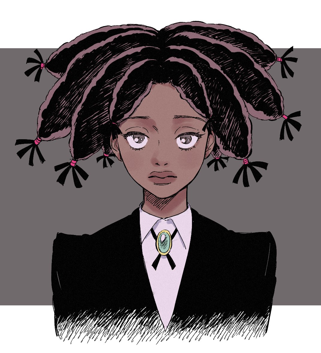 1girl, black_hair, black_jacket, brown_eyes, brown_hair, canary_(hunter_x_hunter), closed_mouth, collared_shirt