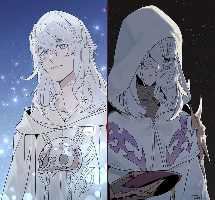 2boys, bishounen, black_sky, blue_eyes, byuub, capelet, drawstring, dual_persona