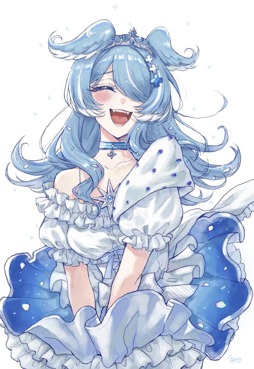 1girl, 440(yoshio), blue_choker, blue_hair, blush, breasts, choker, closed_eyes