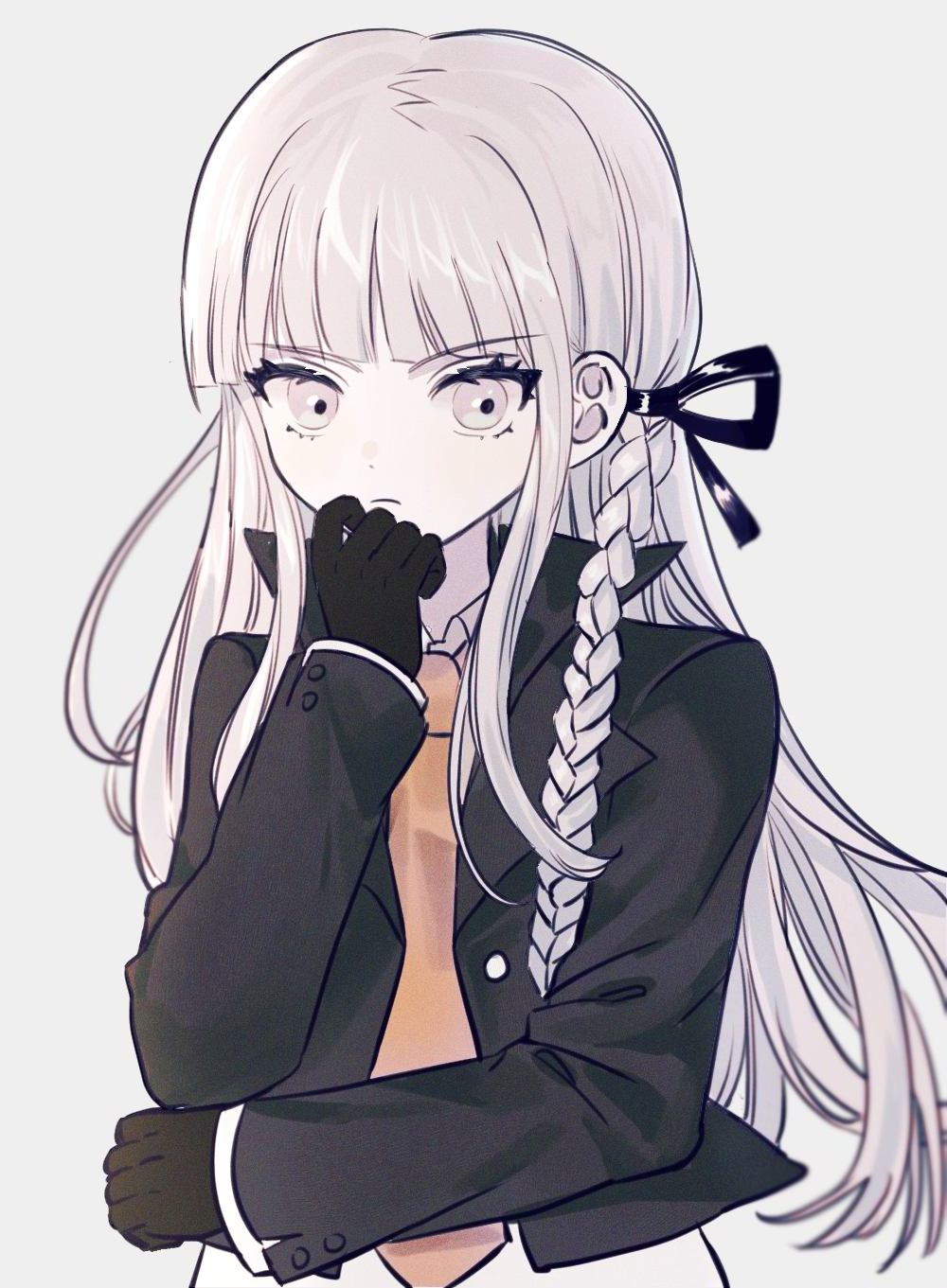 1girl, black_gloves, black_jacket, black_ribbon, blazer, blunt_bangs, braid, buttons