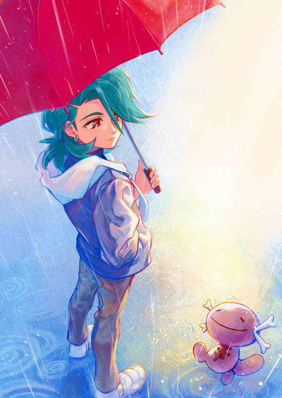 1girl, alternate_costume, alternate_hairstyle, androgynous, blue_jacket, bright_pupils, brown_footwear, closed_eyes