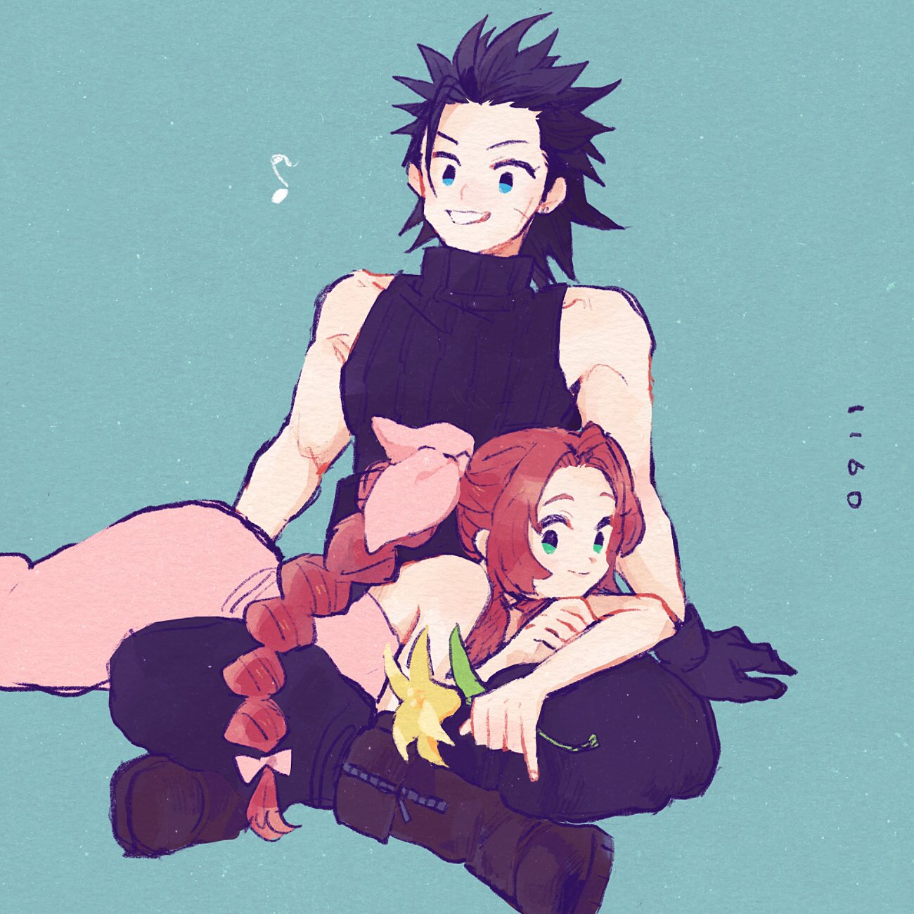 1boy, 1girl, aerith_gainsborough, aqua_background, arm_support, bare_shoulders, black_gloves, black_hair