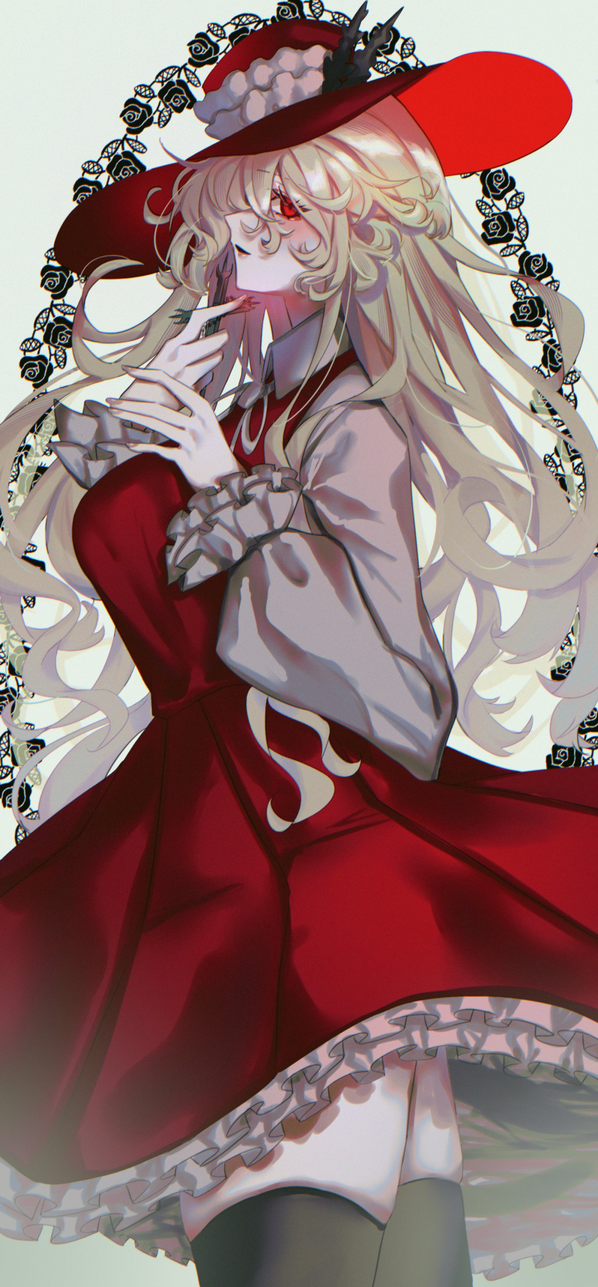 1girl, absurdres, black_thighhighs, blonde_hair, breasts, brown_hat, collared_shirt, cowboy_shot