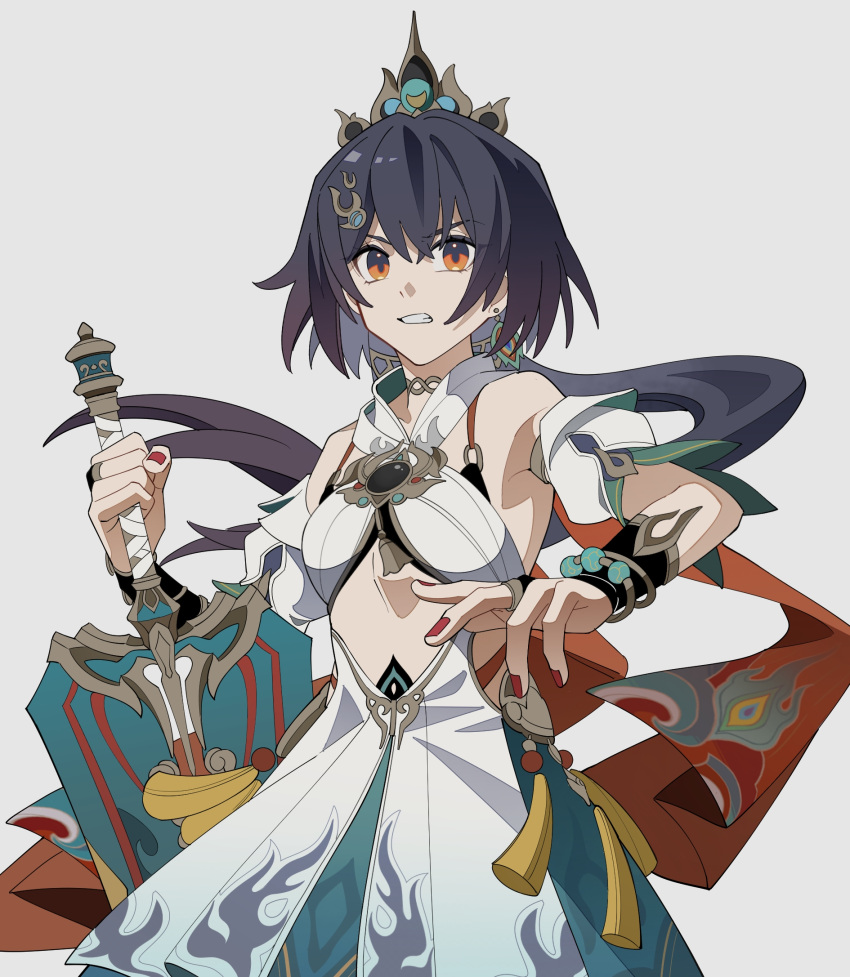 1girl, angry, arm_up, armpit_crease, armpits, bare_shoulders, bra, breasts