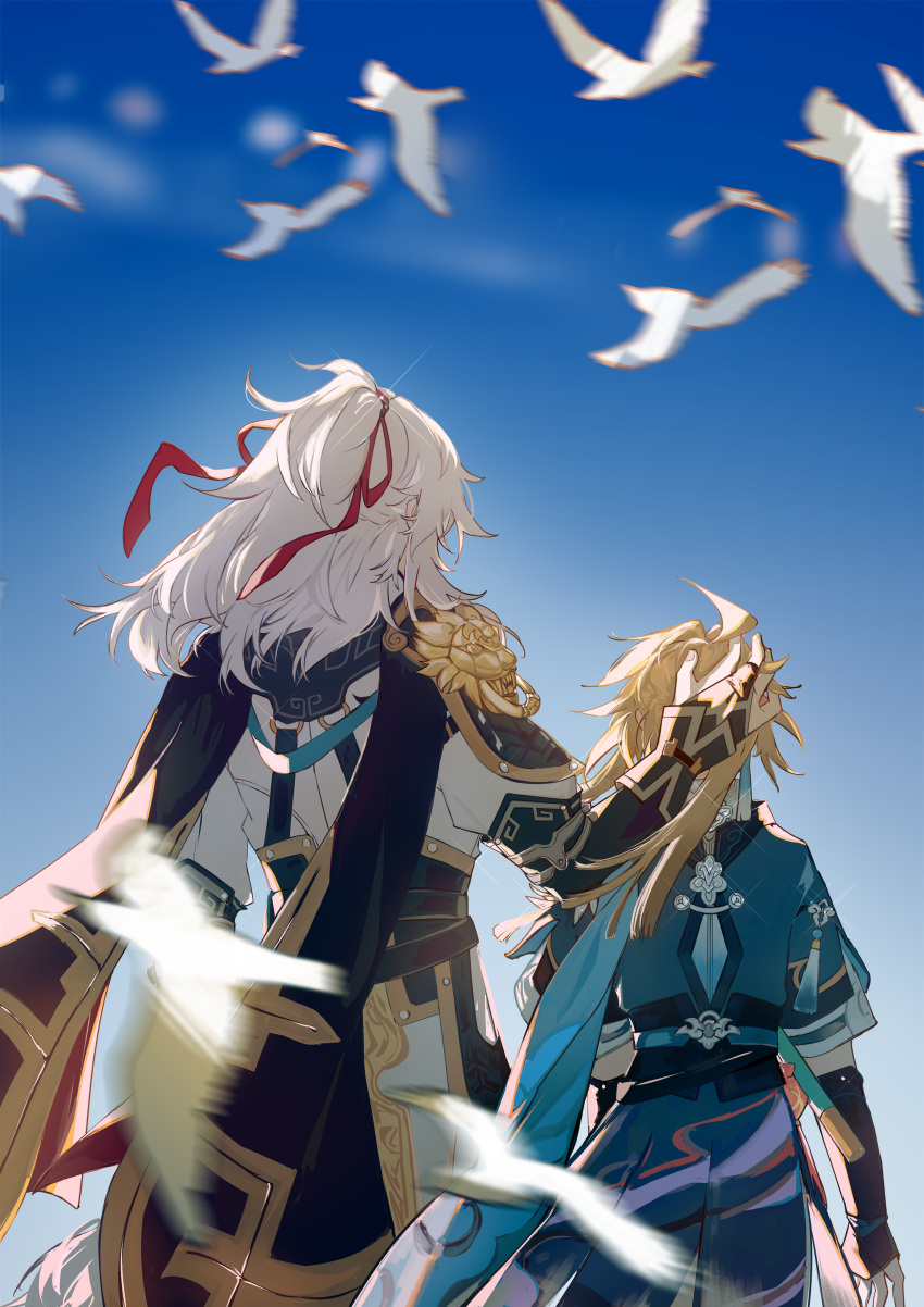 2boys, absurdres, aqua_shirt, bird, blonde_hair, blue_background, blurry, bridal_gauntlets