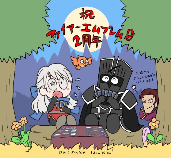 2boys, 2girls, anniversary, armor, artist_name, bird, black_armor, black_cape, black_knight_(fire_emblem), blue_scarf, cape, card, card_game, commentary, fire_emblem, fire_emblem:_radiant_dawn, fire_emblem_cipher, flower, forest, izuka_daisuke, jarod_(fire_emblem), long_hair, micaiah_(fire_emblem), multiple_boys, multiple_girls, nature, official_art, outdoors, playing_card, scarf, sitting_on_log, toon_(style), translation_request, tree, white_hair, yune_(fire_emblem)