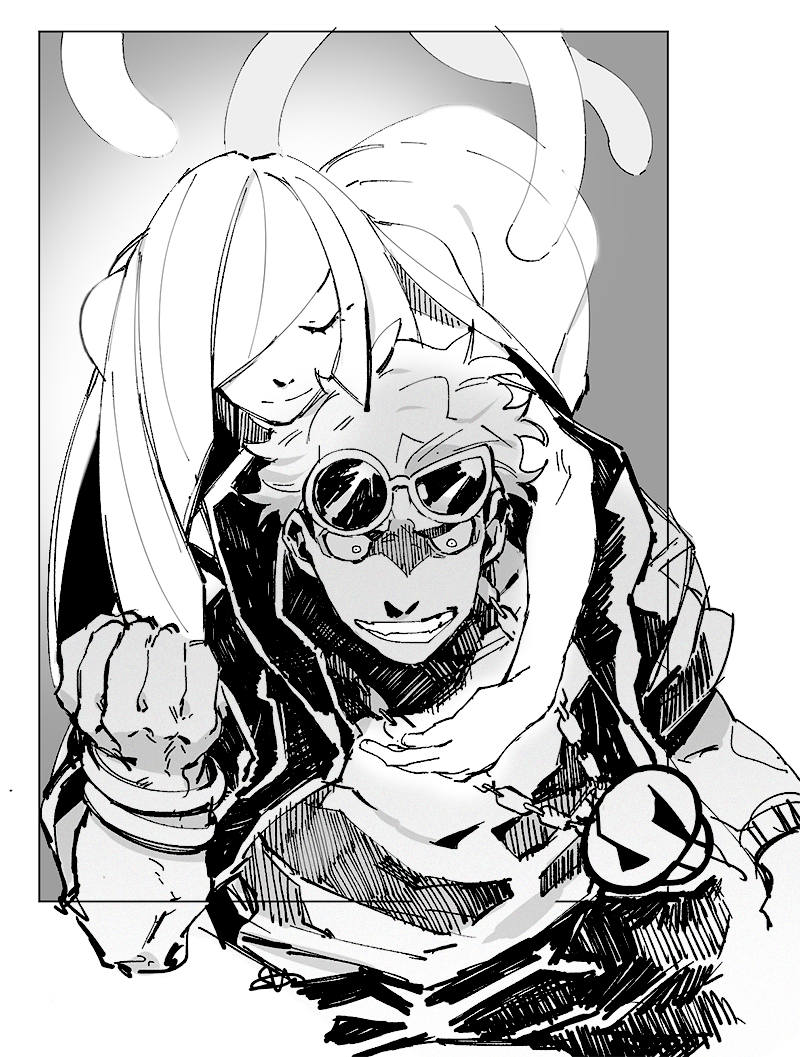 1boy, 1girl, arm_around_neck, asymmetrical_bangs, asymmetrical_eyewear, bare_arms, blunt_bangs, blunt_ends, bracelet, cat_tail, character_request, clenched_hand, closed_eyes, closed_mouth, cropped_torso, dark-skinned_male, dark_skin, dress, eyelashes, eyewear_on_head, grin, guzma_(pokemon), hair_over_one_eye, hood, hood_down, hooded_jacket, jacket, jewelry, leaning_forward, long_hair, lusamine_(pokemon), multiple_bracelets, multiple_tails, necklace, pokemon, pokemon_sm, round_eyewear, shirt, short_hair, short_sleeves, skull_necklace, smile, straight_hair, sunglasses, sunma_(sun_ma_01), tail, triangular_eyewear, two_tails, very_long_hair, white_background