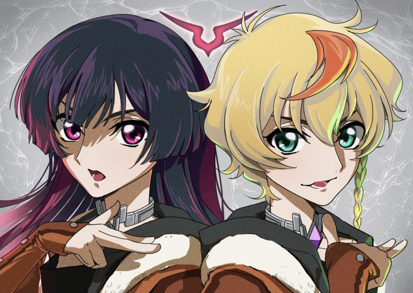 1boy, 1girl, afterall2525, black_hair, blonde_hair, braided_sidelock, brown_jacket, code_geass