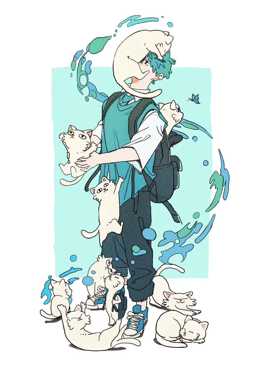 1boy, animal, animal_on_head, arms_up, backpack, bag, black_bag, black_eyes