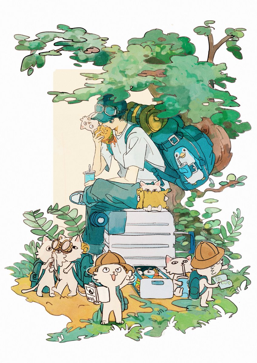 1boy, :3, animal, animal_on_shoulder, arm_on_own_leg, backpack, bag, baseball_cap