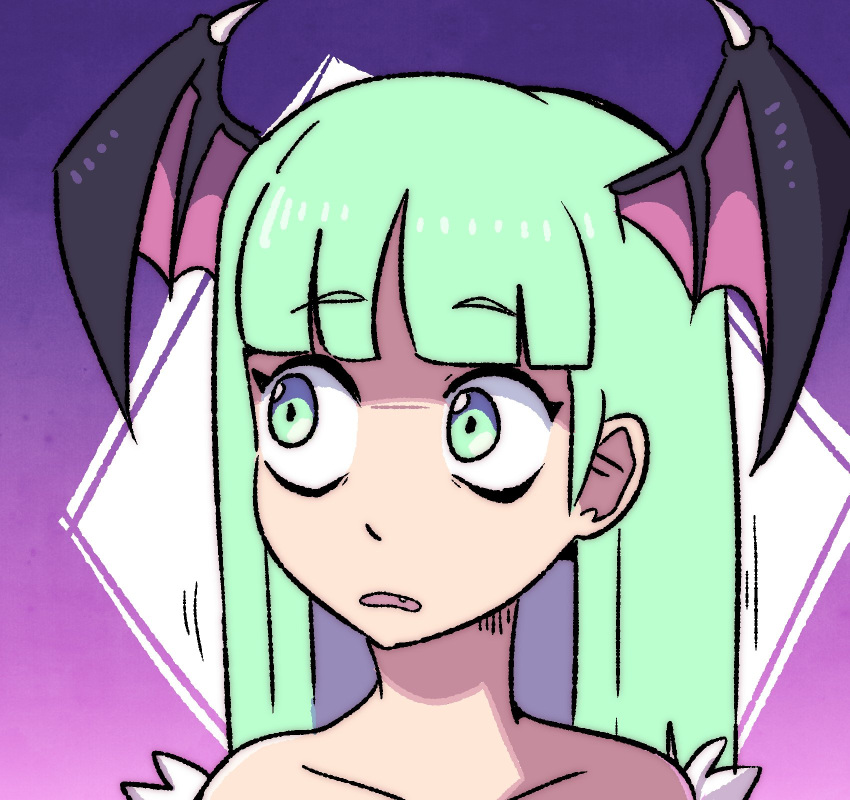 1girl, bare_shoulders, bat_wings, demon_girl, fang, gradient_background, green_eyes, green_hair, head_wings, highres, kujikawaii, long_hair, looking_to_the_side, meme, morrigan_aensland, open_mouth, portrait, purple_background, rejection_reaction_(meme), simple_background, solo, vampire_(game), wide-eyed, wings