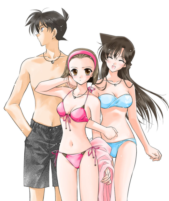 2girls, :d, bandeau, bikini, black_hair, blue_bikini, brown_eyes, brown_hair
