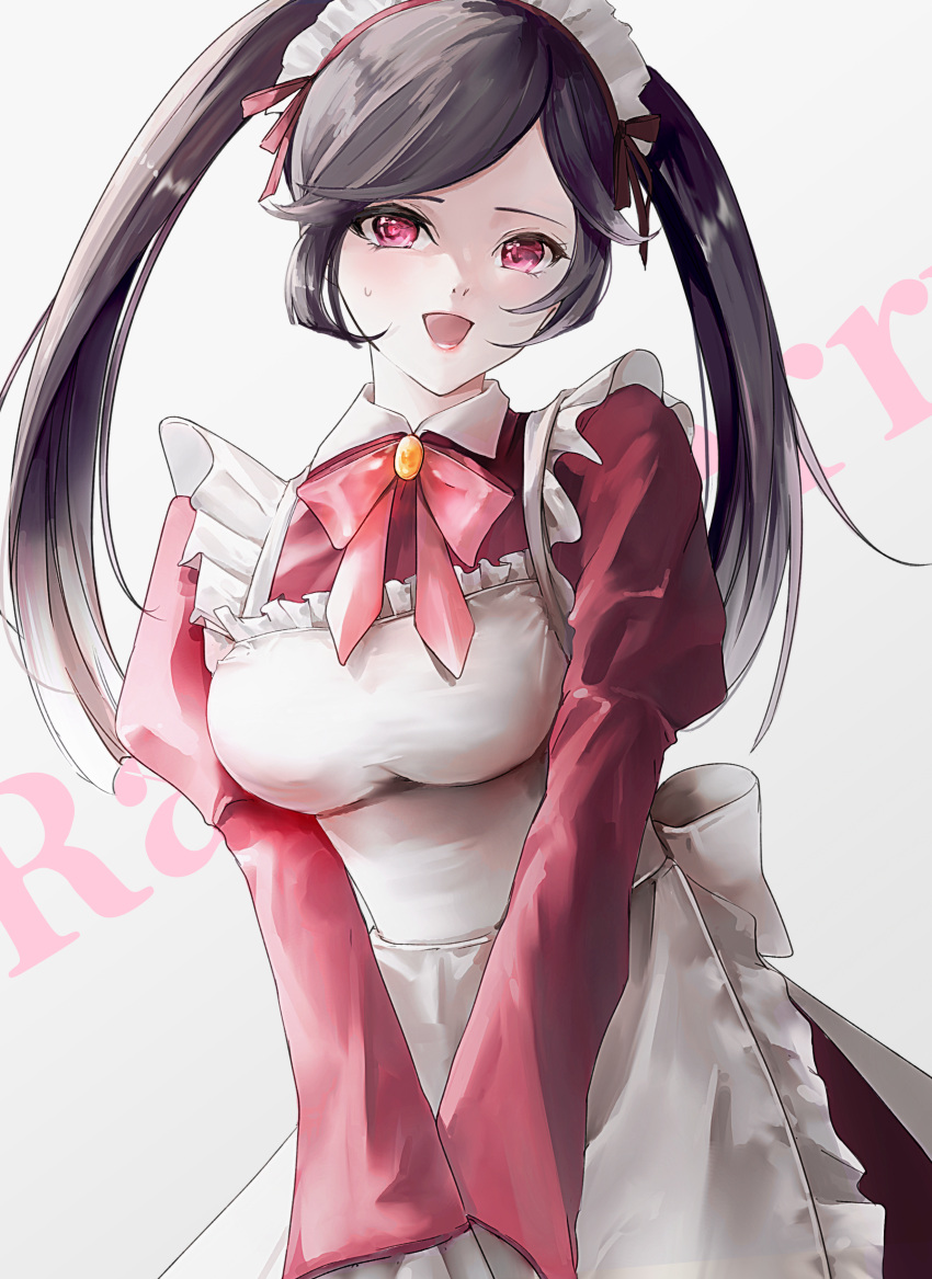 1girl, absurdres, apron, back_bow, black_hair, bow, breasts, code_geass, code_geass:_dakkan_no_roze, collared_dress, commentary_request, dress, frilled_apron, frills, gradient_background, highres, juliet_sleeves, large_breasts, long_hair, long_sleeves, looking_at_viewer, maid, maid_apron, maid_headdress, neckerchief, open_mouth, own_hands_together, parted_bangs, pink_dress, pink_eyes, pink_neckerchief, puffy_sleeves, smile, solo, sumeragi_sakuya, sweat, twintails, upper_body, white_apron, white_bow, yurusan