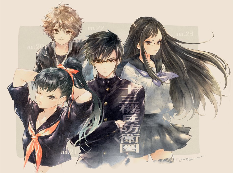 2boys, 2girls, amiguchi_shuu, arms_behind_head, black_hair, black_jacket, black_serafuku, black_skirt, black_undershirt, brown_eyes, brown_hair, crossed_arms, gakuran, glasses, gouto_renya, grey_eyes, grey_serafuku, jacket, juusan_kihei_bouei_ken, long_hair, multiple_boys, multiple_girls, neckerchief, one_eye_closed, pleated_skirt, ponytail, purple_neckerchief, rectangular_eyewear, red_neckerchief, red_ribbon, ribbon, rimless_eyewear, sailor_collar, school_uniform, serafuku, shirt, simple_background, skirt, smile, takamiya_yuki, u_emmm, white_shirt, yakushiji_megumi
