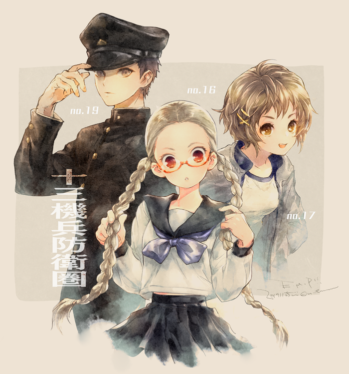 1boy, 2girls, black_hat, black_jacket, blonde_hair, blue_neckerchief, braid, brown_eyes, brown_hair, gakuran, glasses, grey_eyes, grey_serafuku, gym_shirt, gym_uniform, hair_ornament, hairclip, hands_in_hair, hands_on_headwear, hat, holding, holding_own_hair, jacket, juusan_kihei_bouei_ken, kisaragi_tomi, military_hat, minami_natsuno, multiple_girls, neckerchief, pleated_skirt, red-framed_eyewear, red_eyes, sailor_collar, school_uniform, semi-rimless_eyewear, serafuku, shirt, short_hair, simple_background, skirt, track_jacket, twin_braids, u_emmm, uniform, white_shirt