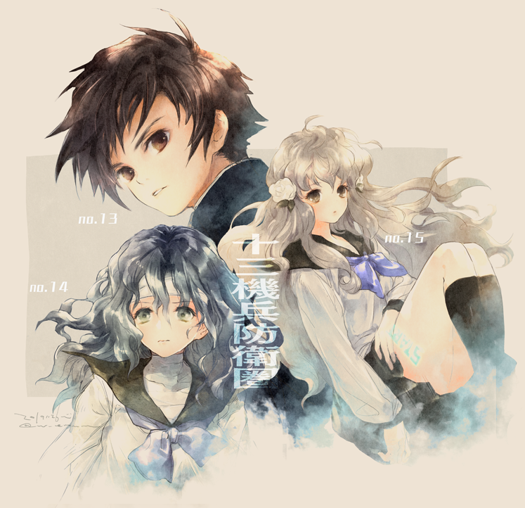 1boy, 2girls, bandaged_head, bandaged_neck, bandages, black_skirt, blue_hair, brown_eyes