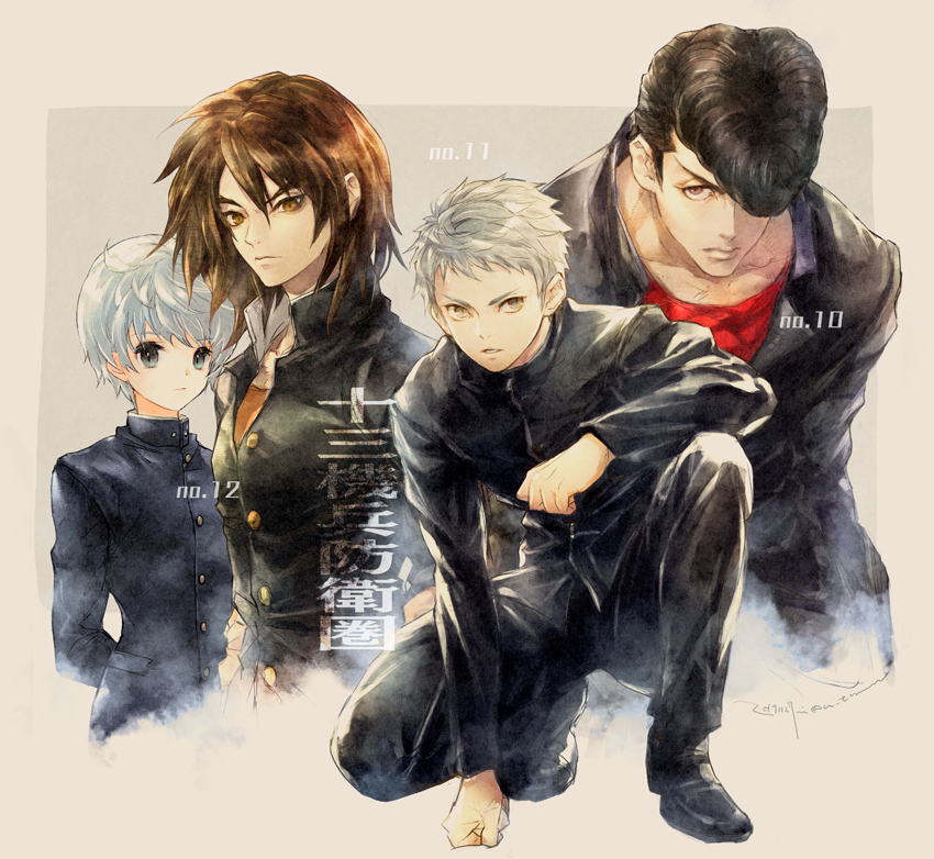 4boys, black_footwear, black_hair, black_jacket, black_pants, brown_hair, clenched_hands, delinquent