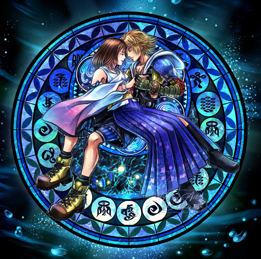 1boy, 1girl, bare_shoulders, bead_band, beads, black_footwear, blonde_hair, boots