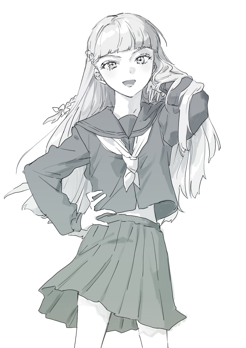 1girl, absurdres, blunt_bangs, braid, breasts, cowboy_shot, greyscale, gundam