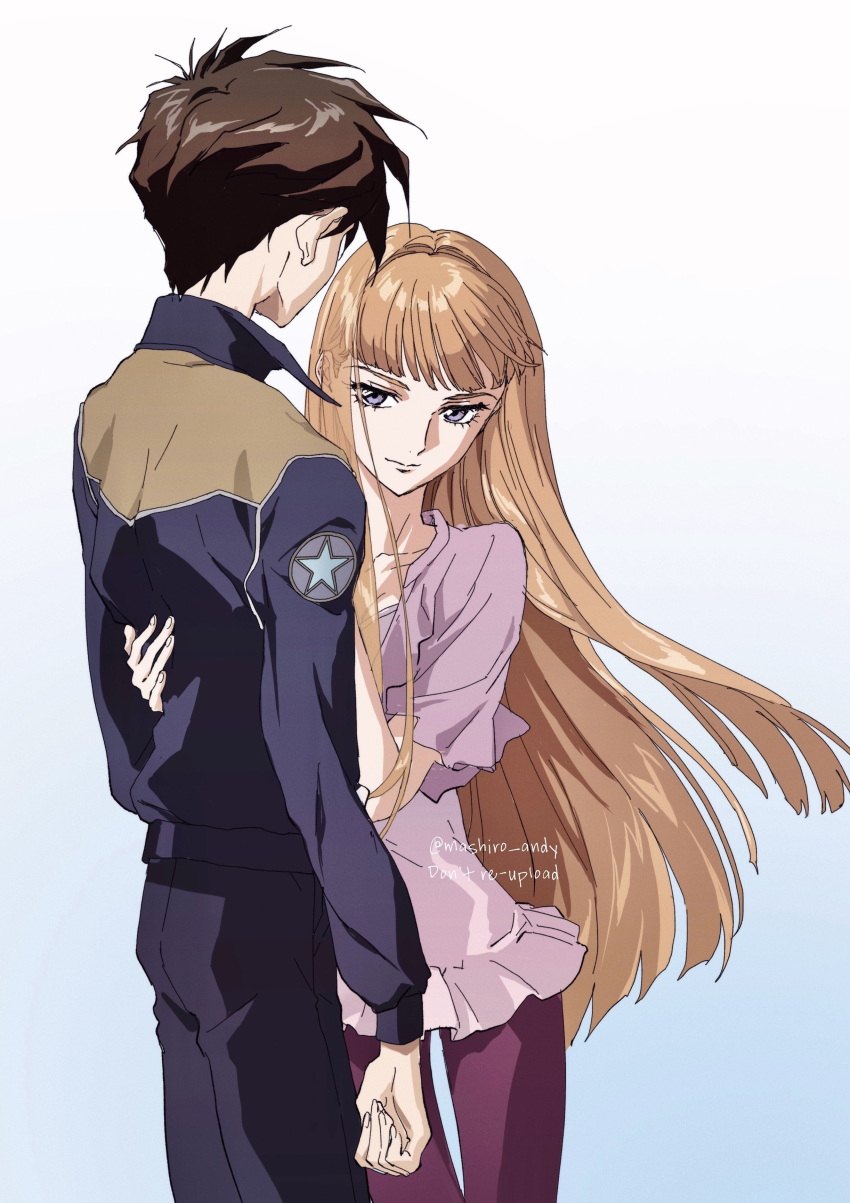 1boy, 1girl, absurdres, arm_around_back, blonde_hair, blue_background, blue_jacket, blue_pants