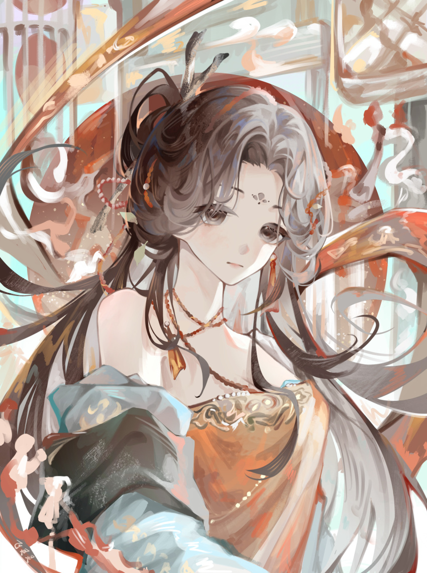 1girl, absurdres, bare_shoulders, brown_eyes, brown_hair, closed_mouth, dress, facial_mark