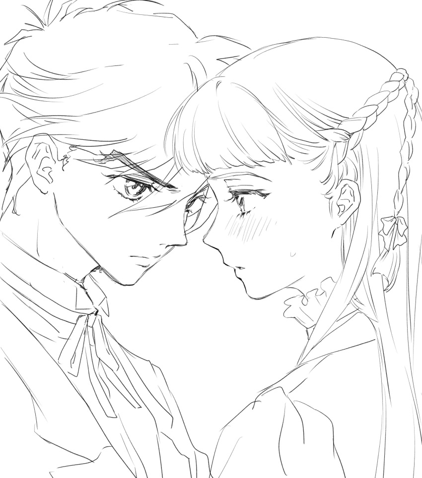 1boy, 1girl, absurdres, blunt_bangs, blush, braid, closed_mouth, frilled_shirt_collar