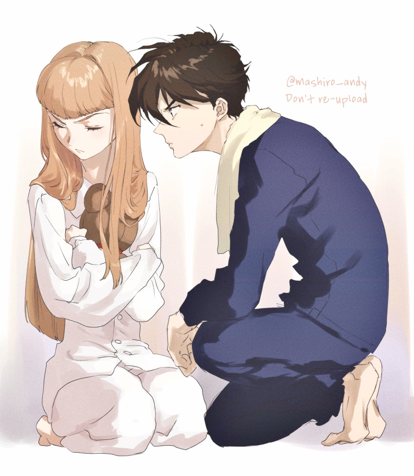 1boy, 1girl, absurdres, barefoot, blue_pajamas, blue_pants, blue_shirt, blunt_bangs