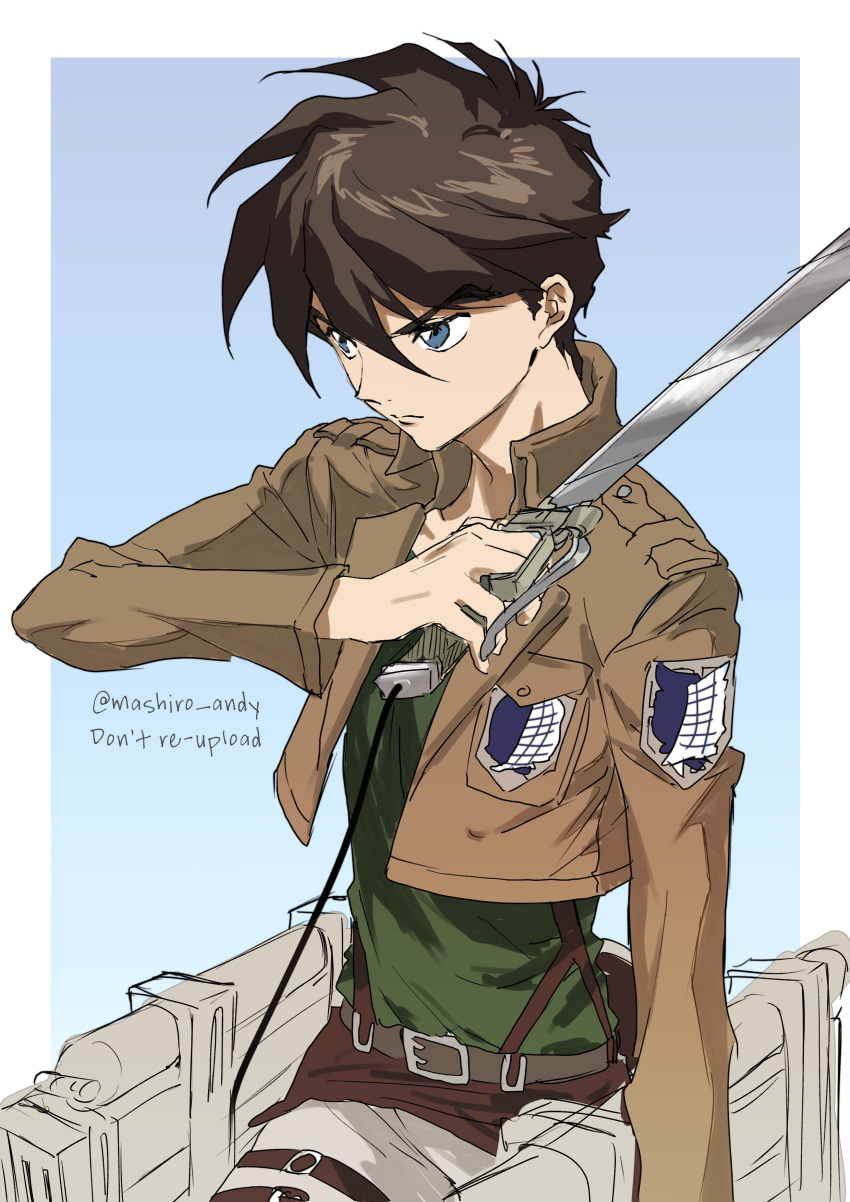 1boy, absurdres, blue_background, blue_eyes, bow, bowtie, brown_hair, brown_jacket