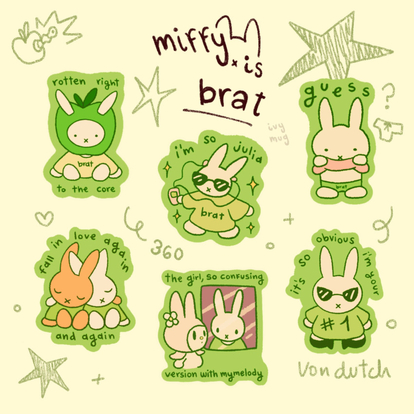 1other, 2girls, animal_ears, apple, brat_(charli_xcx), chibi, chibi_only, clothes_lift