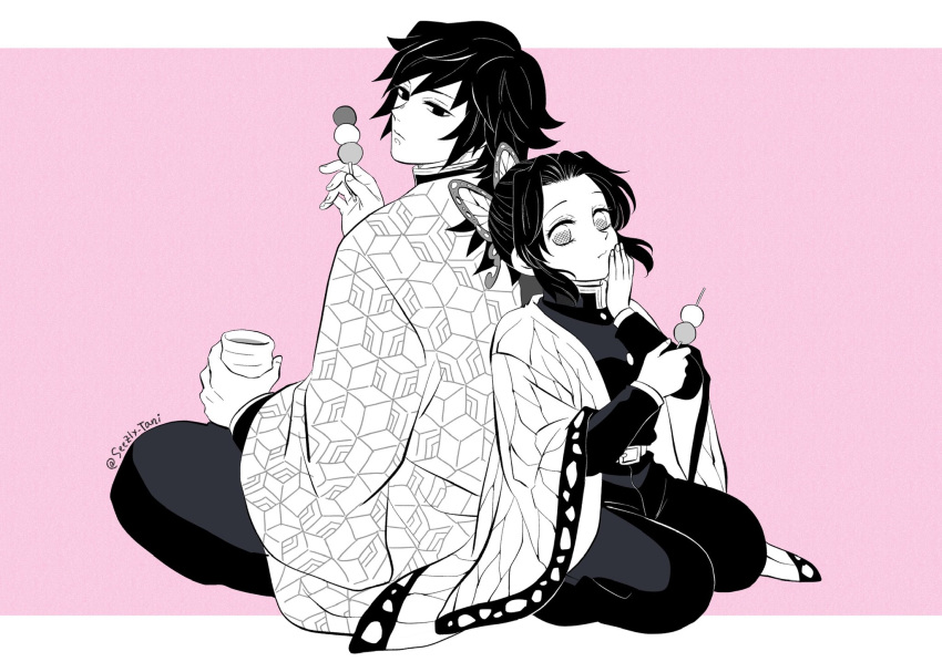 1boy, 1girl, animal_print, back-to-back, black_hair, black_jacket, black_pants, border