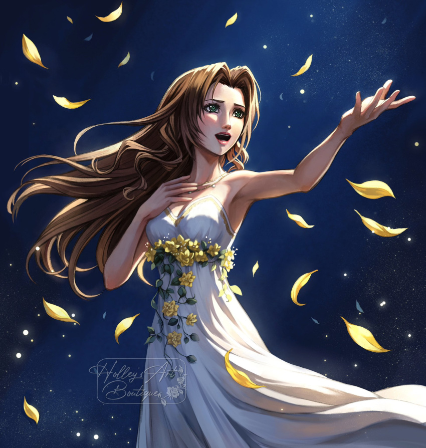 1girl, aerith_gainsborough, aerith_gainsborough_(white_floral_dress), armpits, bare_arms, bare_shoulders, blue_background, brown_hair