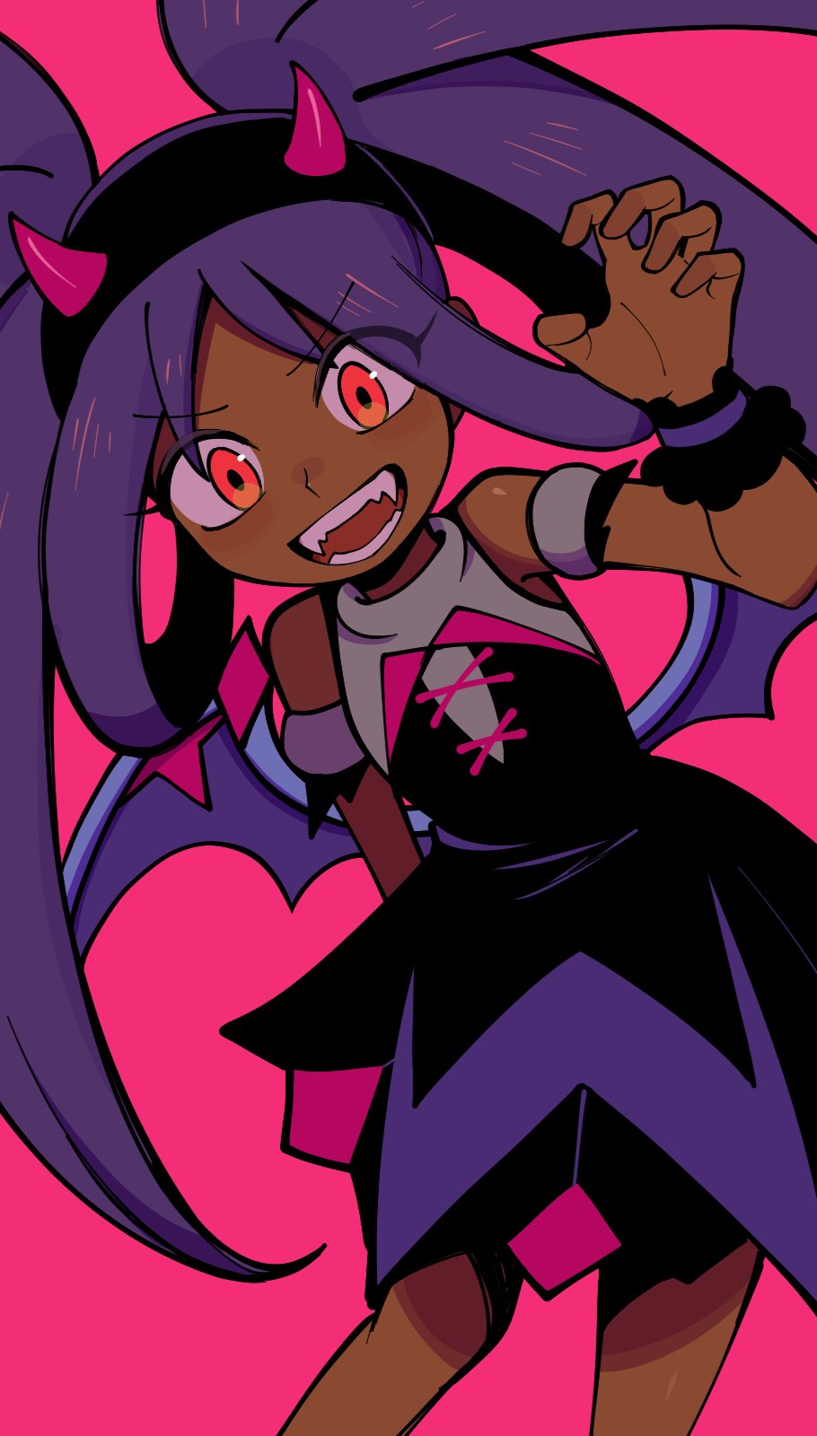 1girl, black_hairband, dark-skinned_female, dark_skin, fake_horns, fake_wings, fangs, hairband