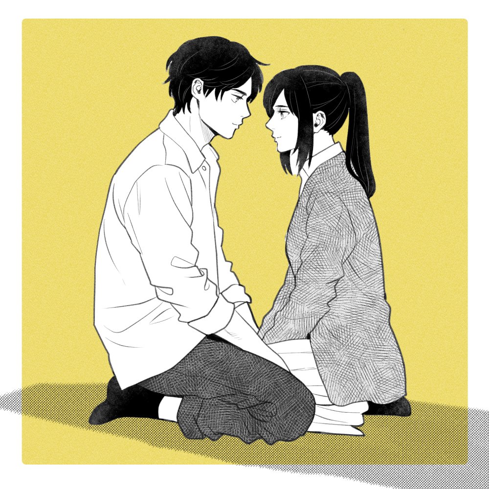 1216liddell, 1boy, 1girl, black_footwear, border, closed_mouth, collared_shirt, couple, eren_yeager, hetero, jacket, kneeling, light_smile, long_hair, long_skirt, long_sleeves, looking_at_another, mikasa_ackerman, parted_bangs, ponytail, profile, shingeki_no_kyojin, shirt, short_hair, sidelocks, skirt, sleeves_rolled_up, white_border, white_shirt, yellow_background