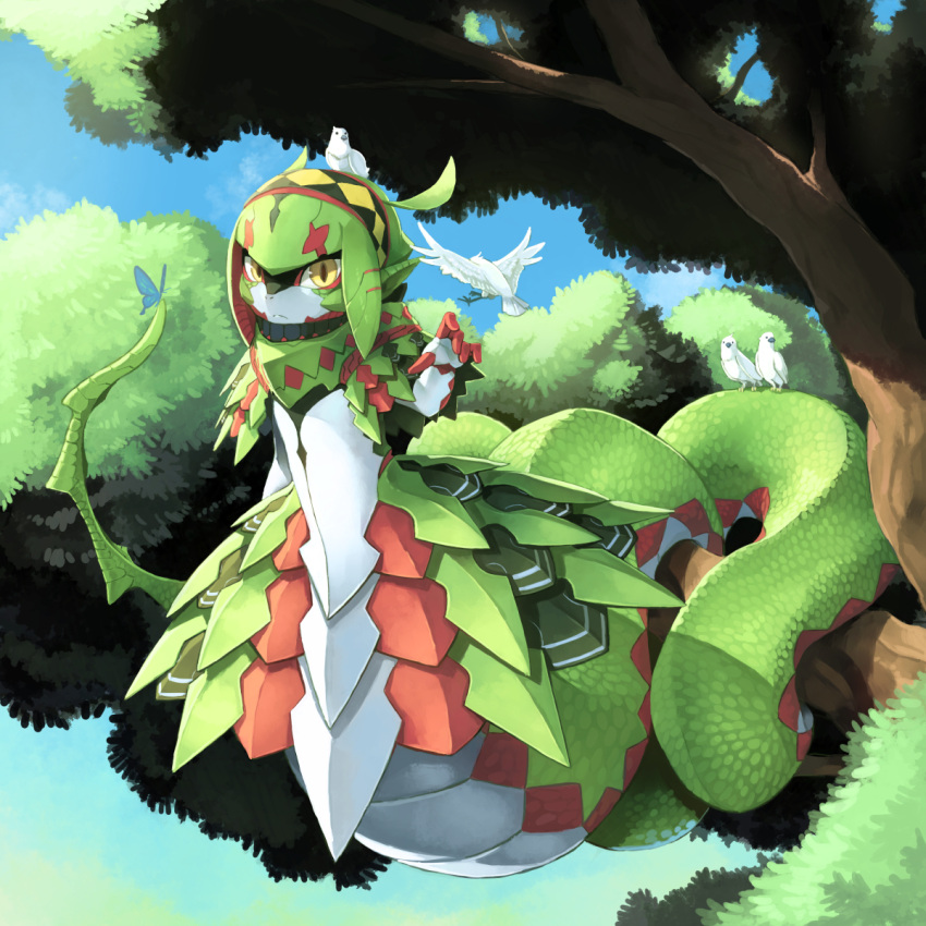 1girl, animal_on_head, armor, bird, bird_on_head, blue_butterfly, branch, breastplate
