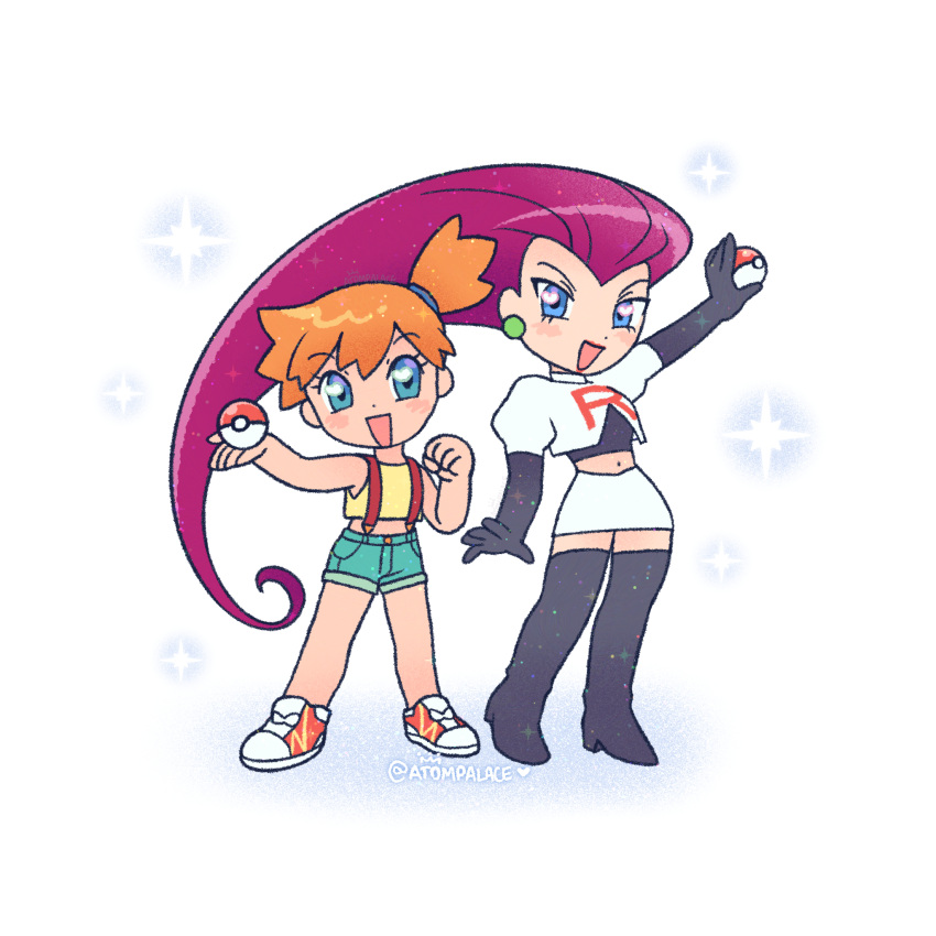 2girls, atom_palace, black_gloves, blue_eyes, clenched_hand, denim, denim_shorts, english_commentary, gloves, heart, heart_in_eye, highres, holding, holding_poke_ball, jessie_(pokemon), long_hair, looking_at_viewer, misty_(pokemon), multiple_girls, open_mouth, orange_hair, poke_ball, pokemon, pokemon_(anime), pokemon_(classic_anime), rachael_lillis, red_lips, shirt, shoes, short_hair, shorts, side_ponytail, simple_background, sleeveless, sleeveless_shirt, sneakers, sparkle, sparkle_background, standing, suspenders, symbol_in_eye, team_rocket, team_rocket_uniform, twitter_username, white_background, yellow_shirt