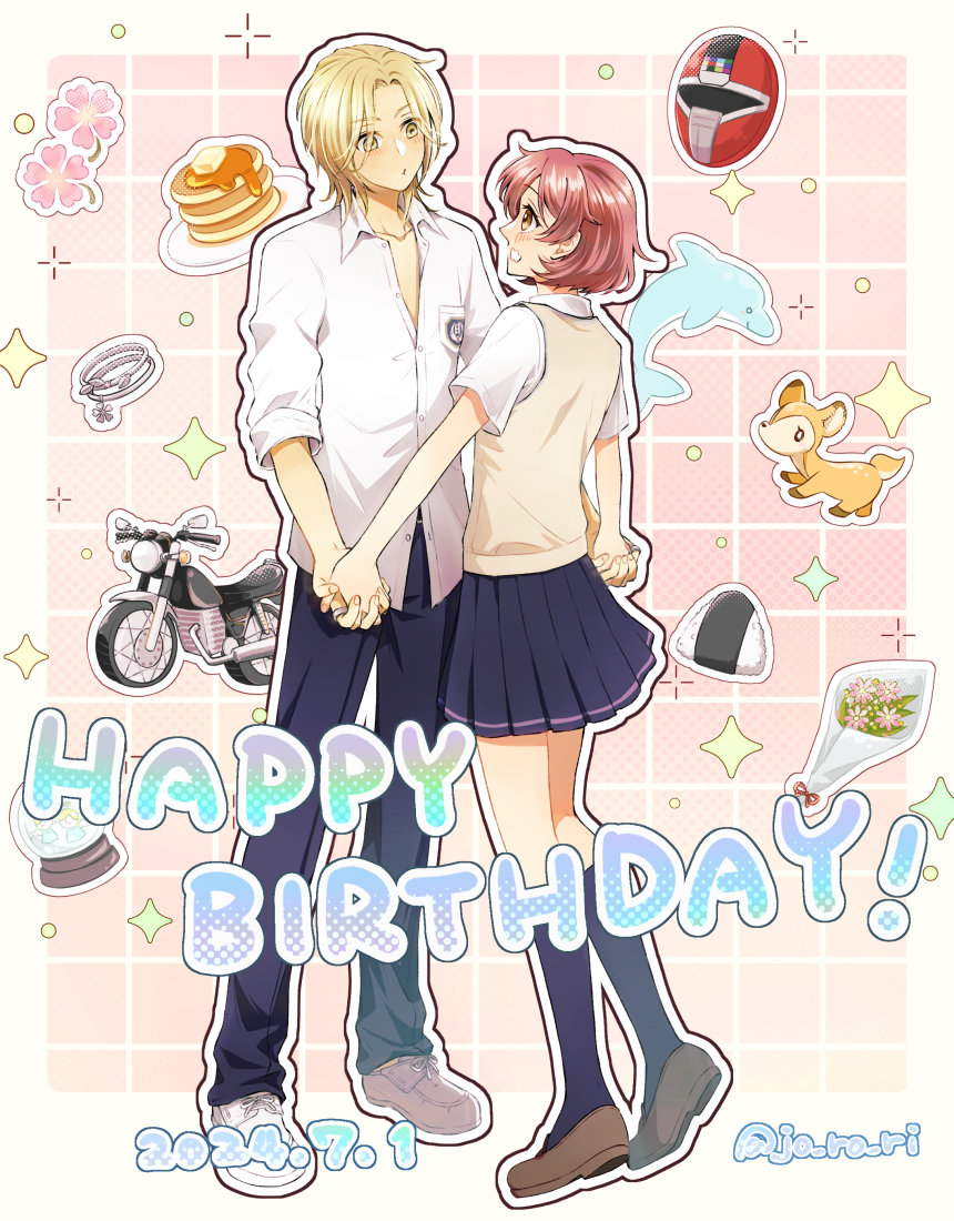1boy, 1girl, black_pants, black_skirt, blonde_hair, blush, border, bouquet