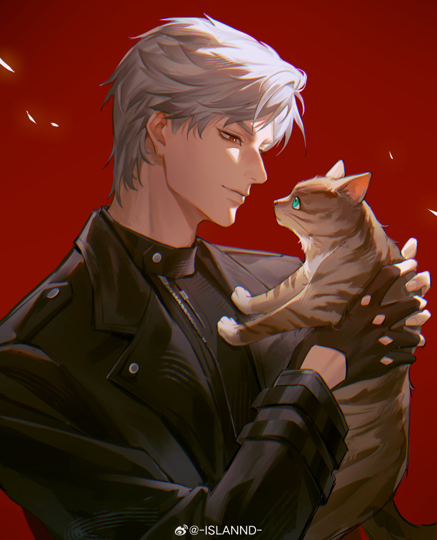 1boy, absurdres, animal, black_gloves, black_jacket, black_shirt, calla10, cat