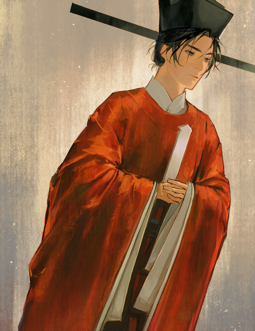 1boy, absurdres, black_eyes, chinese_clothes, closed_mouth, fake_screenshot, futou, hair_slicked_back, hanfu, hat, highres, holding, huban, japanese_clothes, kariginu, long_sleeves, looking_at_viewer, male_focus, original, procreate_(medium), short_hair, solo, standing, tangyou_siyuexiaokeai, tate_eboshi, wide_sleeves, yuanlingpao