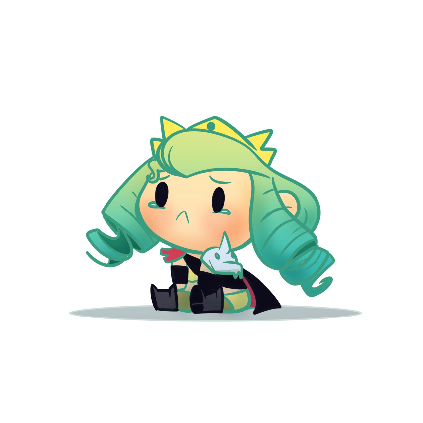 1girl, absurdres, black_cape, black_footwear, cape, chibi, chibi_only, closed_mouth, drill_hair, english_commentary, frown, green_hair, highres, holding, holding_stuffed_toy, martina_zoana_mel_navratilova, nunuestandar, rachael_lillis, shadow, simple_background, sitting, slayers, slayers_next, solo, stuffed_toy, tearing_up, white_background, yellow_crown